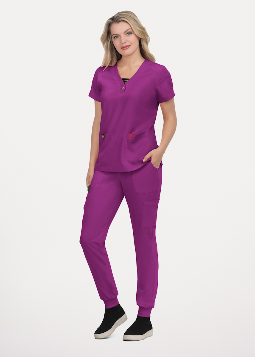 Betsey Johnson Koi Kennedia 3-Pocket Sweetheart Neck with Stripe Inset Scrub Top