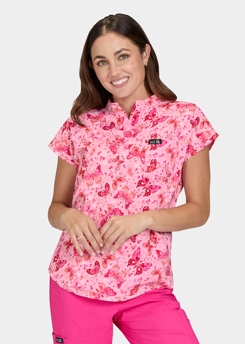 Koi Basics Koi Ari Butterfly Hearts Print Mandarin Collar Top