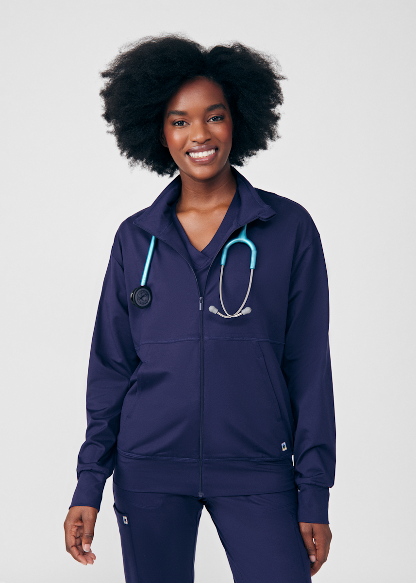 Beyond Scrubs Cozy Beyond Scrubs Airy 2-Pocket Zip Front Mock Neck Dropped Shoulder Jacket