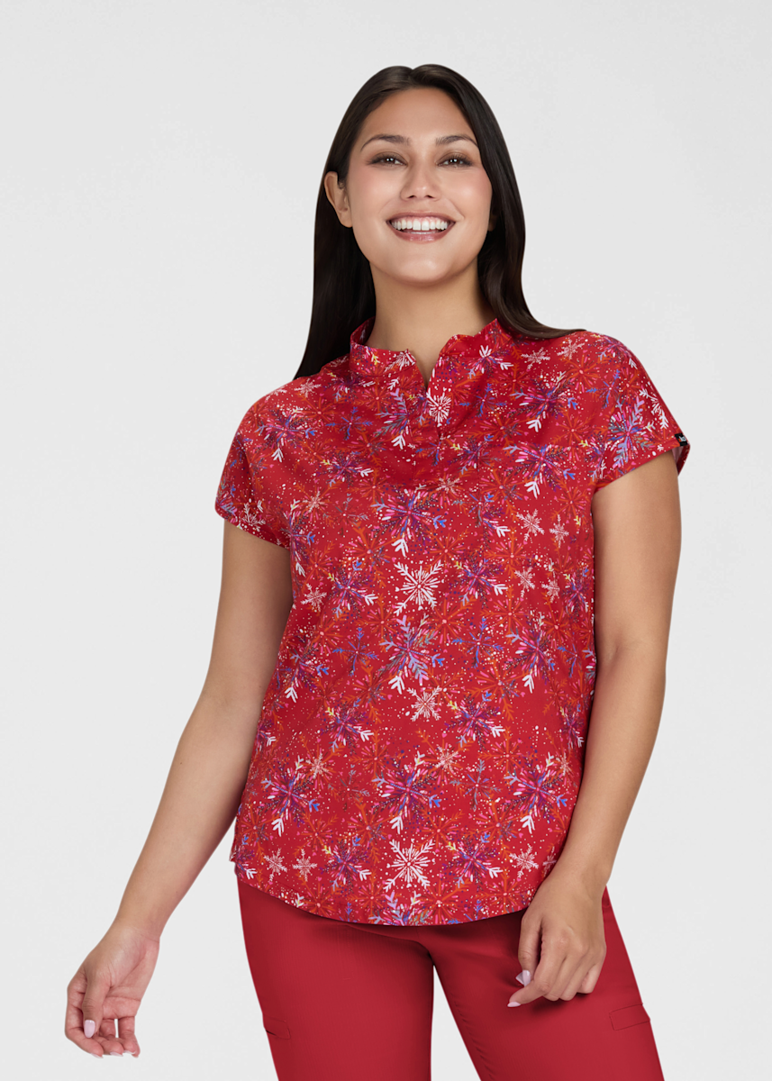Koi Lite Koi Artists Series Ari Etta Vee Snowflakes Print Mandarin Collar Top